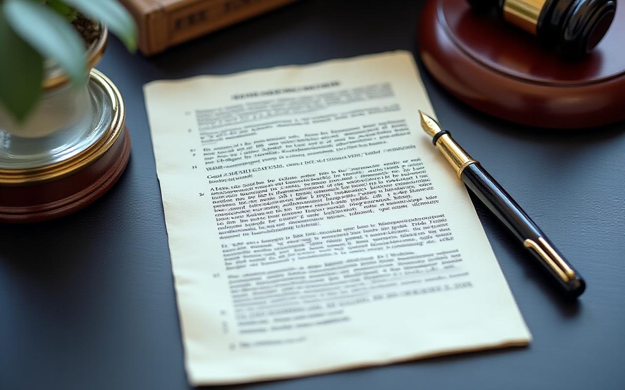 Analysing legal document with magnifying glass and gold pen