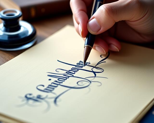 Close-up of a professional calligrapher working on a legal document with a fountain pen and gold ink